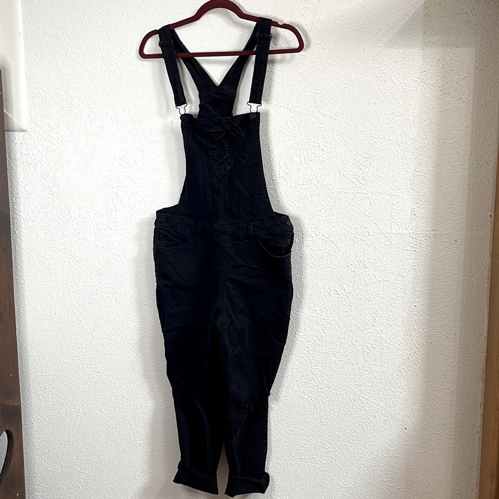 Refuge size 14 black denim overall / dungarees with distressed with lace details